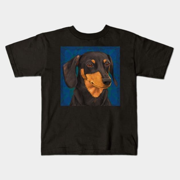 Black and Gold Dachshund Portrait on Blue Kids T-Shirt by ibadishi